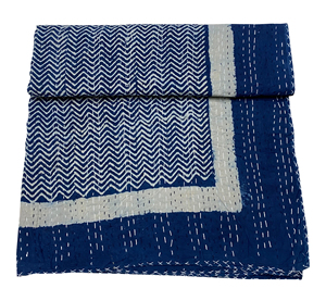 Indigo Blue Geometric Pattern Cotton Kantha <b>Quilt</b> Hand Stitched Traditional Indian Home Decor <b>Bedspread</b> All-Season - Product Image 3