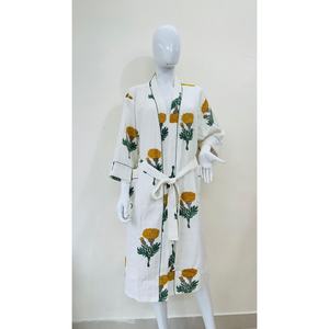 Women's Luxury Cotton Waffle Fabric Floral Printed Bathrobe & Towel Kimono Style <b>Robe</b> with Belt Lightweight <b>Spa</b> Loungewear Gown - Product Image 1