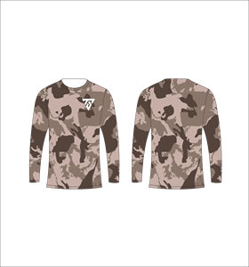 Camiseta personalizada sublimada de manga larga para hombre con estampado de camuflaje desértico en tonos marrón y tostado para deportes y uso casual. - Product Image 1