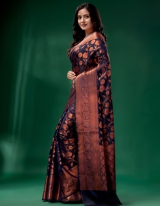 Sari en coton et soie bleu marine KV avec motif tissé et chemisier non cousu - Product Image 2