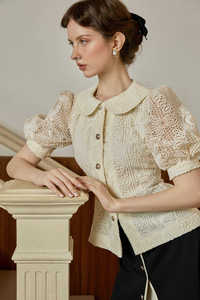 Elegant / Vintage / Romantic <b>Set</b> Vietnam Half Floral Lace ZELLA - Lace Puff-Sleeve Blouse & <b>Linen</b>-Blend Slit Skirt KS50 - Product Image 5