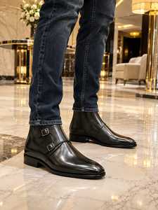 Bottes Chelsea classiques de luxe en cuir véritable pour hommes, bottes habillées à enfiler, noires, à bout rond, chaussures de ville formelles - Product Image 6