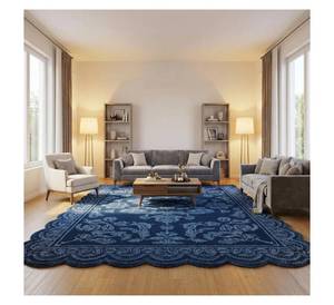 Tapis d'intérieur personnalisé tufté à la main bleu marine à motifs floraux, tapis de luxe en laine texturée 3D avec bord festonné, motif traditionnel pour hôtel - Product Image 1