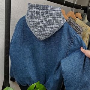 Veste à capuche en jean oversize pour homme, patchwork à carreaux, coupe-vent, décontractée, zippée, pour l'automne - Product Image 3