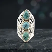 Bague Statement à Trois Pierres en Turquoise Tibétaine et Argent Sterling 925, Faite à la Main, Style Bohème Vintage, Bijoux en Gros pour Femmes