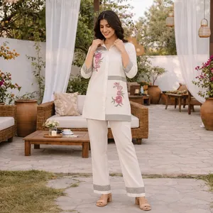 Women's <b>White</b> Embroidered Cotton <b>Set</b> Three Quarter Sleeve Long Pants Casual Floral Design V-neck Loose Fit Spring Summer Wear - Product Image 4
