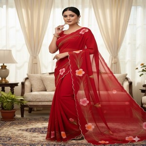 VASTRA COTTAGE Saree Premium de Georgette con Borde Pintado a Mano con Estampado Floral, Elegante Vestido de Fiesta Estilo Bollywood - Product Image 6