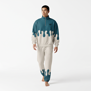 Ensemble de survêtement urbain pour homme avec impression personnalisée, demi-zip, coupe oversize, pantalon de jogging à cordon, imprimé effet gouttelettes, streetwear décontracté d'automne - Product Image 3
