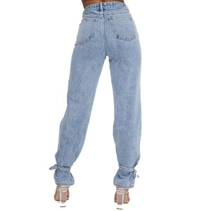 Pantalon décontracté taille haute classique à poches, coupe large, en jean respirant pour femme, style cargo, OEM - Product Image 1