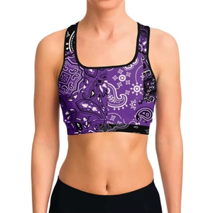 Sujetador deportivo para mujer con estampado de cachemira morado, espalda cruzada, soporte medio, cuello cuadrado, transpirable, top de fitness de elastano y poliéster - Product Image 1