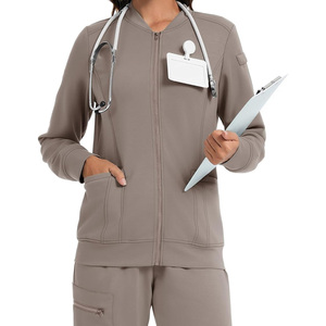 Women's Medical Scrub Jacket Knitted Cotton Polyester Hospital Uniform Top with Pockets and ID Badge Holder - Product Image 1