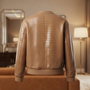 Cameo <b>Brown</b> Crocodile Embossed PU <b>Leather</b> Bomber <b>Jacket</b> <b>Women's</b> Full Sleeve Crew Neck Autumn Regular Length Zipper Closure - Product Image 4
