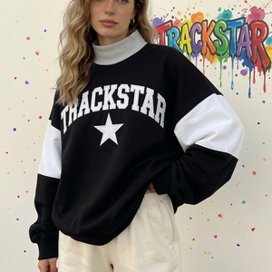 Olive Green Color-Block <b>Stand</b> Mock Neck Sweatshirt Trackstar Printed Unisex Pullover Heavyweight Fleece Breathable Streetwear - Product Image 3