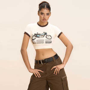 Camiseta Corta Ajustada de Algodón para Mujer, Estilo Casual, Manga Corta, Elástica, para Uso Diario de Verano, con Pedrería, a la Moda - Product Image 5