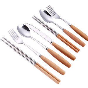 Juego de cubiertos de acero inoxidable de primera calidad con mango de madera, pulido a espejo, en oro y plata, para uso doméstico y en restaurantes. - Product Image 6