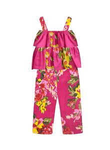 Mono floral con estampado floral para niñas, con hombros descubiertos, top fruncido y piernas largas, tirantes finos, 100% algodón transpirable - Product Image 2