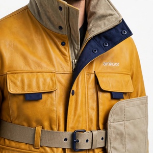 <b>Men's</b> Genuine Leather Jacket Stand Collar <b>Belted</b> Workwear Style Solid Color - Product Image 3