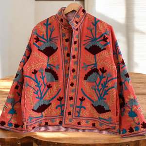 Turquoise Hand Embroidered Floral <b>Jacket</b> <b>Mandarin</b> <b>Collar</b> Full Sleeve Cotton Prairie Chic Spring Style Open Stitch - Product Image 3