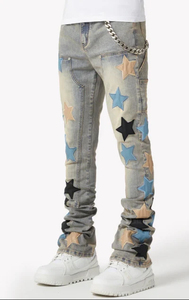 <b>Men's</b> Star Applique Distressed Breathable Customizable <b>Jogger</b> Pants Mid Waist Button Fly Street Style Unisex <b>Denim</b> - Product Image 2