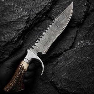 Cuchillo de caza hecho a mano de acero de Damasco con hoja fija de punta caída, filo dentado y mango de cuerno, con funda de cuero - Product Image 5