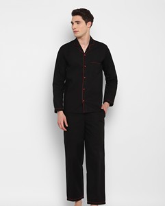 Pijamas de Manga Larga de Algodón Negro para Hombre con Ribete Rojo, Ropa de Dormir Informal para Otoño, Lavable a Máquina, Conjunto de 2 Piezas - Product Image 1