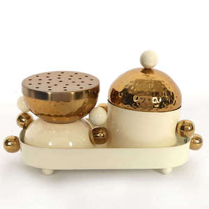 Ensemble brûleur à bakhoor artisanal en métal doré, avec plateau à bol martelé et couvercle, encensoir à charbon, décoration du Moyen-Orient, cadeau Ramadan Aïd - Product Image 1