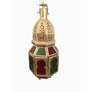 Luxurious Hexagon <b>Brass</b> <b>Lantern</b> With Colored Glass Panels For Home Decoration Durable Finish - Product Image 1