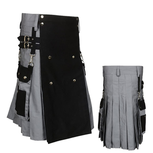Kilt plissé en laine gris et noir avec poches et sangles à boucle pour hommes - Product Image 6