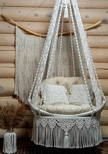 Beige Cotton Macrame <b>Swing</b>,Hanging Chair,Chair Hanging Outdoor,Macrame Rocking <b>Swing</b> Chair,Macrame <b>Hammock</b>,<b>Swing</b> Chair - Product Image 4