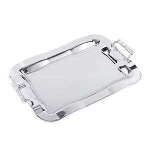 Plateau de service alimentaire en acier métallique de forme ovale martelé avec poignée à motif floral doré pour usage hôtelier au prix le plus bas en provenance d'Inde - Product Image 1