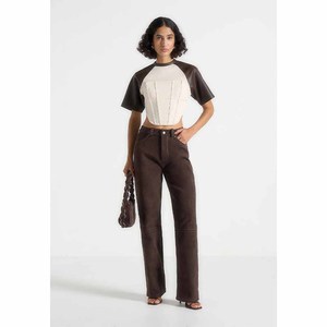 Women's PU Color Blocked Crop <b>Top</b> <b>Raglan</b> Sleeve Crew Neck Slim Fit Minimalist Style Short Sleeve Woven Fabric Breathable - Product Image 6
