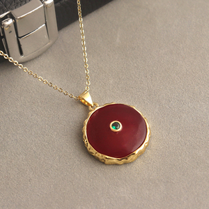 Best seller jewelry ruby jade round shape pendant with tiny emerald zircon inlaid 18k gold plated women <b>statement</b> chain <b>necklace</b> - Product Image 4