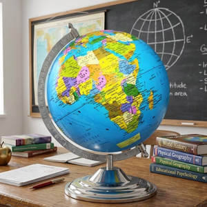 <b>Rotating</b> <b>Desk</b> Globe with Aluminum Meridian Ring | Iron Base Stand & Plastic World Map Sphere for Study Table & Office Decor - Product Image 3