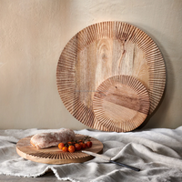 Plateau en bois d'acacia poli fait main, motif artisanal sculpté, décoration de table, plateau de service circulaire, anneau, Noël, Halloween