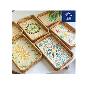 Bandeja de ratán ecológica con incrustaciones de concha pura, ideal para servir café y decorar mesas. ¡Venta directa! - Product Image 1