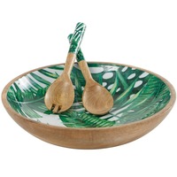 Houten saladekom met meerdere kleuren, houten emaille print, ronde serveerschaal voor groothandel uit India