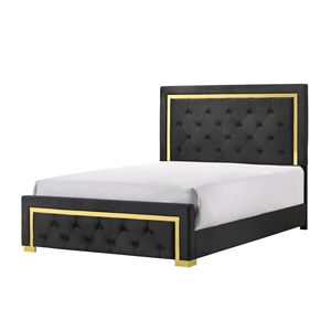 Letto Queen Size Contemporaneo Glamour con Pannello Rivestito in Tessuto Nero e Gambe Dorate, Arredamento Camera da Letto - Product Image 1