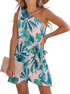 Vestido corto de mujer con estampado de hojas, un solo hombro, lazo, sin mangas, dobladillo escalonado, formal, casual, mini - Product Image 2