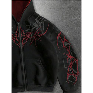 Sudadera con Capucha y Cremallera para Hombre, Estilo Gótico, Estampado Tribal Negro y Rojo, Corte Regular, Felpa Francesa, para Otoño - Product Image 5
