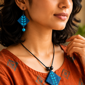 Blue Leaf Pattern Eco-friendly Ceramic Tile Jewelry Set Pendant Earrings Handmade Floral Accessory Gift with Custom Packaging - Product Image 2