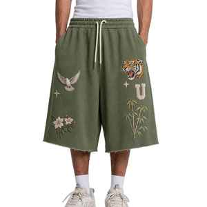 Custom Embroidery Fleece <b>Sweat</b> <b>Shorts</b> Men Loose Heavyweight Raw Hem Graphic Knee Length Bermuda <b>Shorts</b> Casual Brown Track <b>Shorts</b> - Product Image 5
