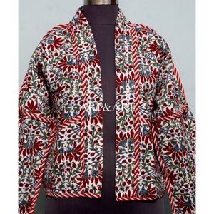 Indian Handmade Kantha <b>Jacket</b> <b>Women</b> 100% Cotton Eco-Friendly Breathable Logo Floral Print <b>Short</b> length Full <b>Sleeve</b> Spring Casual - Product Image 3