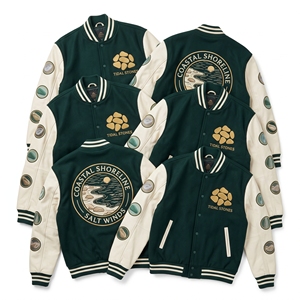 Custom Varsity Jacket Maker <b>Dark</b> <b>Green</b> <b>Wool</b> Body Cream Leather Sleeve Coastal Shoreline Tidal Stones Embroidery Letterman <b>Coat</b> - Product Image 1