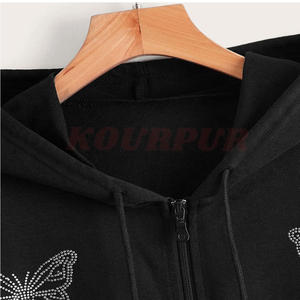 เสื้อฮู้ดซิปสีดำสำหรับผู้หญิง ลายผีเสื้อประดับเพชร ผ้าถักนิตติ้ง 100% ผ้าฝ้าย สวมใส่สบายๆ ทันสมัย - Product Image 3