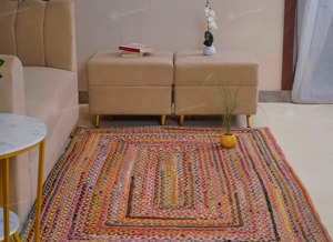 Tapis de salon écologique en jute tissé à la main, fabriqué en Inde, style bohème, motif géométrique rectangulaire - Product Image 3