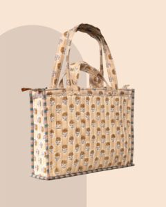 Grand sac fourre-tout en coton matelassé à fleurs, bordure rayée, design bohème fait main, fermeture éclair, longue poignée, pour la plage - Product Image 4