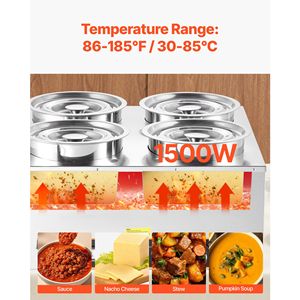 Scaldavivande Elettrico Commerciale Bain Marie da 1500W con 4 Pentole in Acciaio Inox da 6,34QT, Temperatura 86~185 Fahrenheit - Product Image 3
