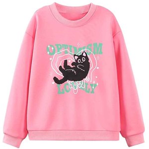 เสื้อสเวตเชิ้ตผ้าฝ้ายผู้หญิงสีชมพูพิมพ์ลายแมวสีดำดีไซน์การ์ตูนน่ารัก คอกลม สวมใส่สบายๆ ในฤดูใบไม้ร่วง - Product Image 1