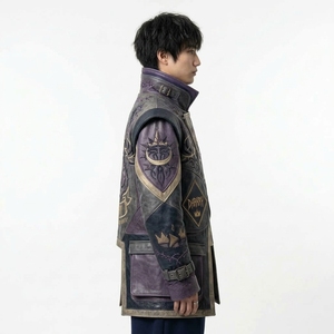 Purple Vintage Distressed Leather Long Coat <b>Mens</b> <b>Gothic</b> Crown Demon Face Embroidered Flap Pocket Outerwear - Product Image 3