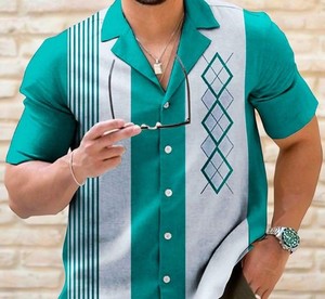 Men's Pattern Short Sleeve Casual Shirt Black White Striped Design Turn-<b>down</b> Collar Summer Breathable Poplin Fabric - Product Image 5
